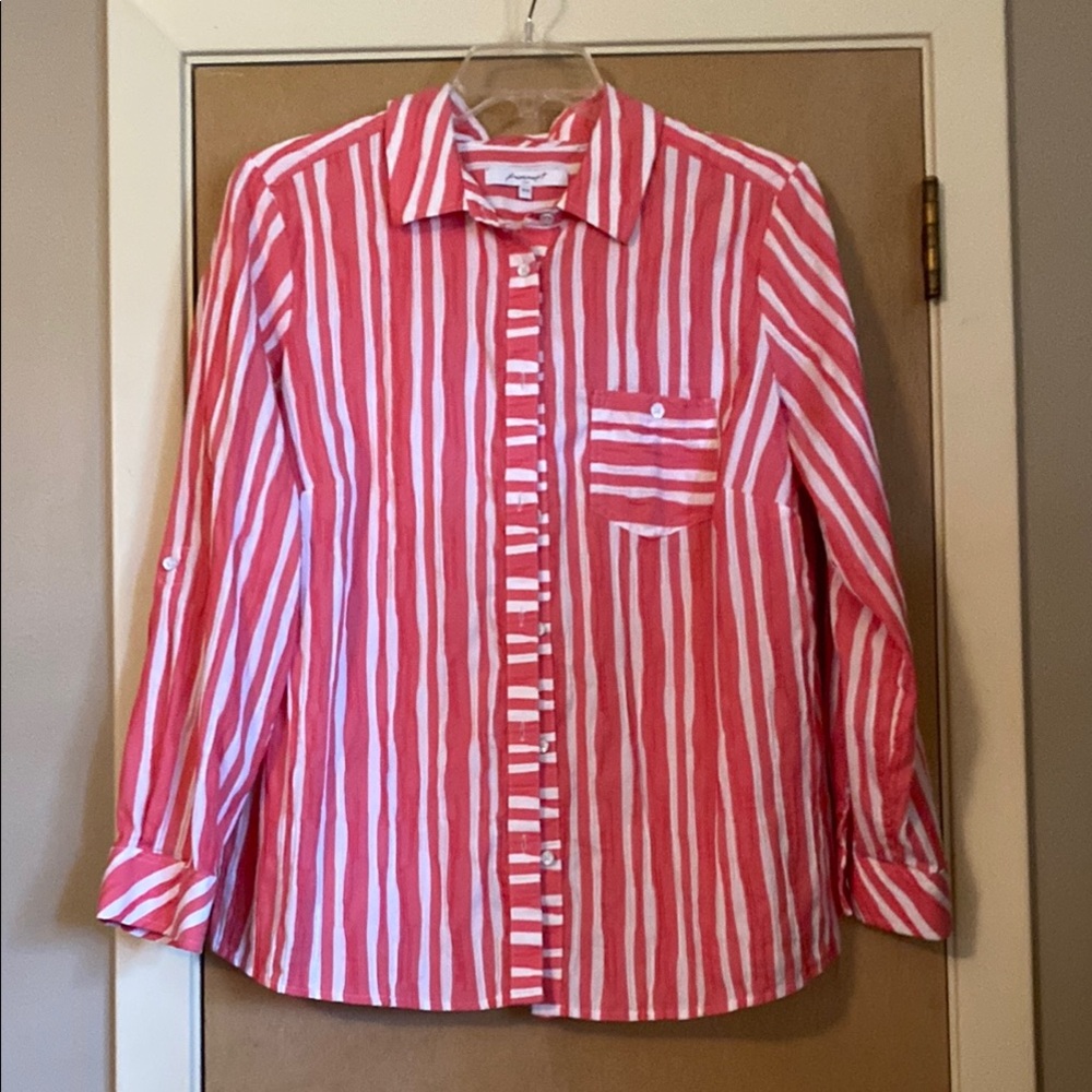Red and White Striped Foxcroft Button-Up Shirt